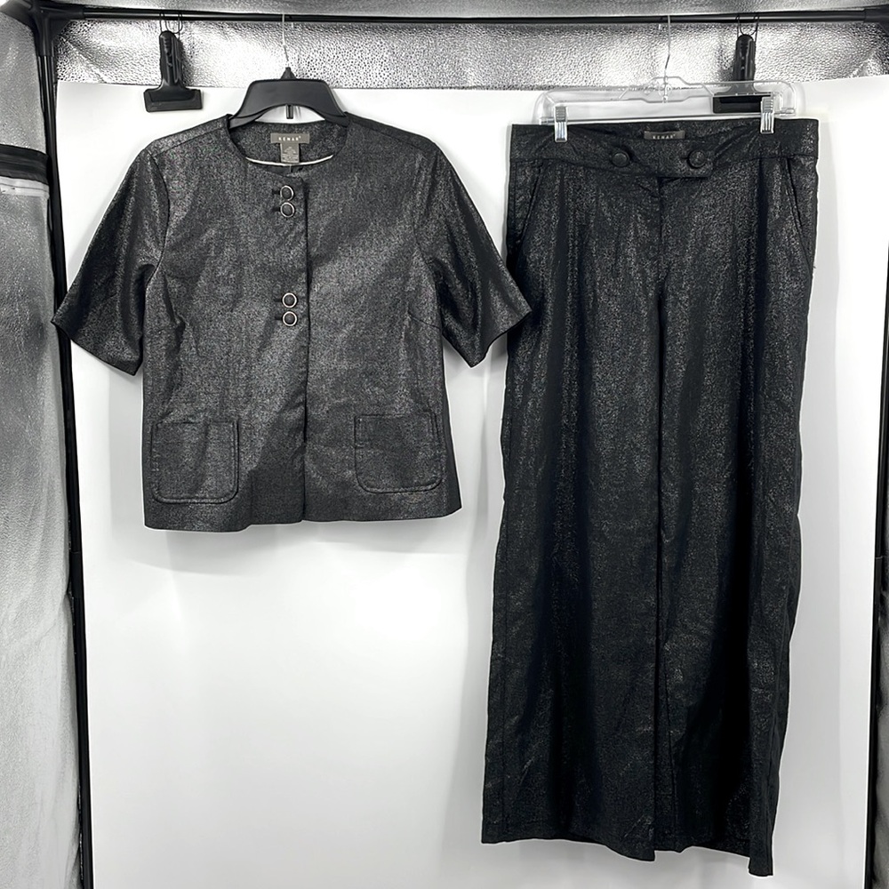 Vintage Y2K Kenar Black Silver Linen blend 2-Piece Wide leg Pantsuit Size 10 NWT